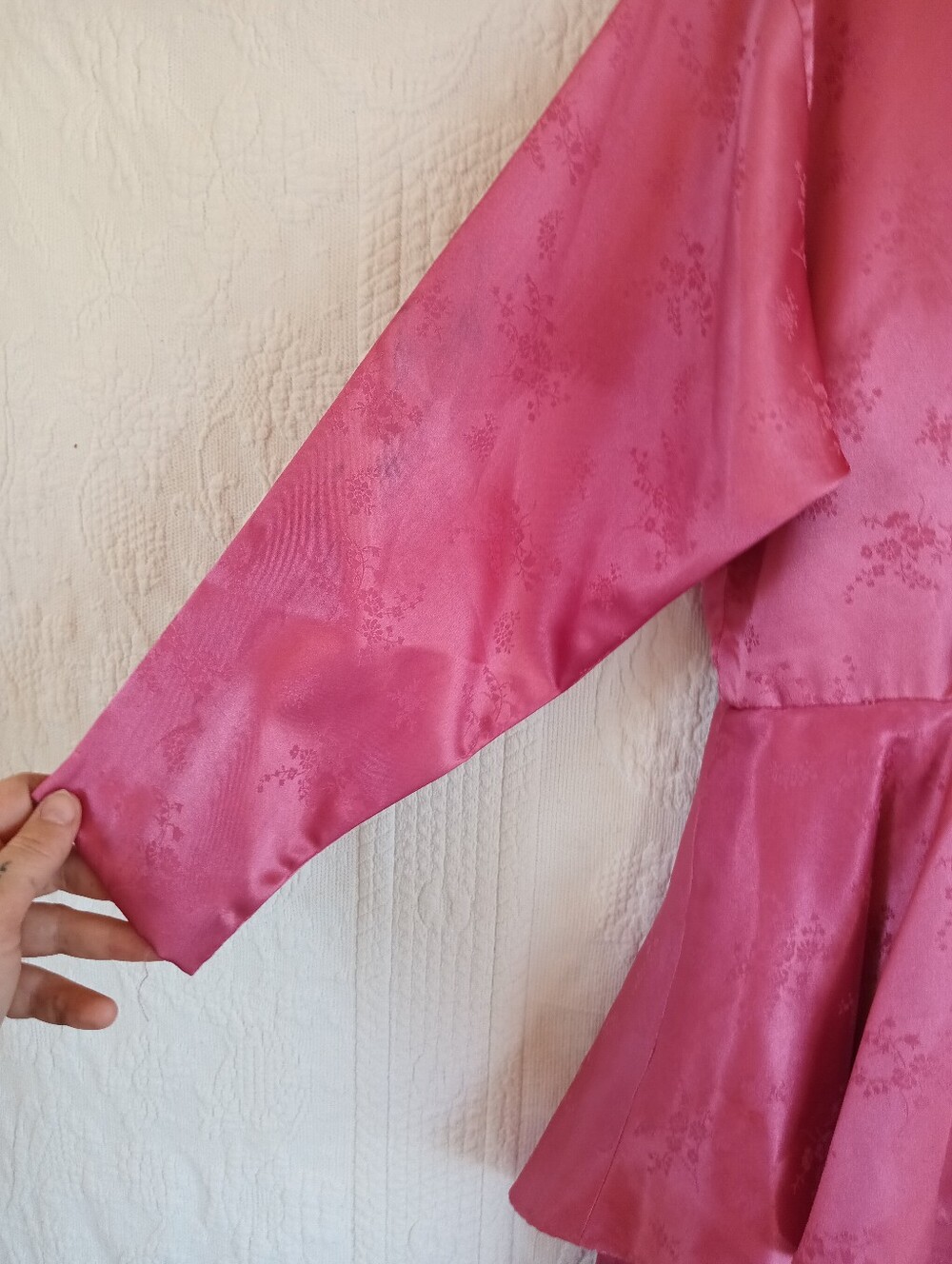 Vintage Pink Peplum Long-Sleeve Midi Dress Satin Floral 80s Barbie Girl OOAK 10 - Picture 9 of 16